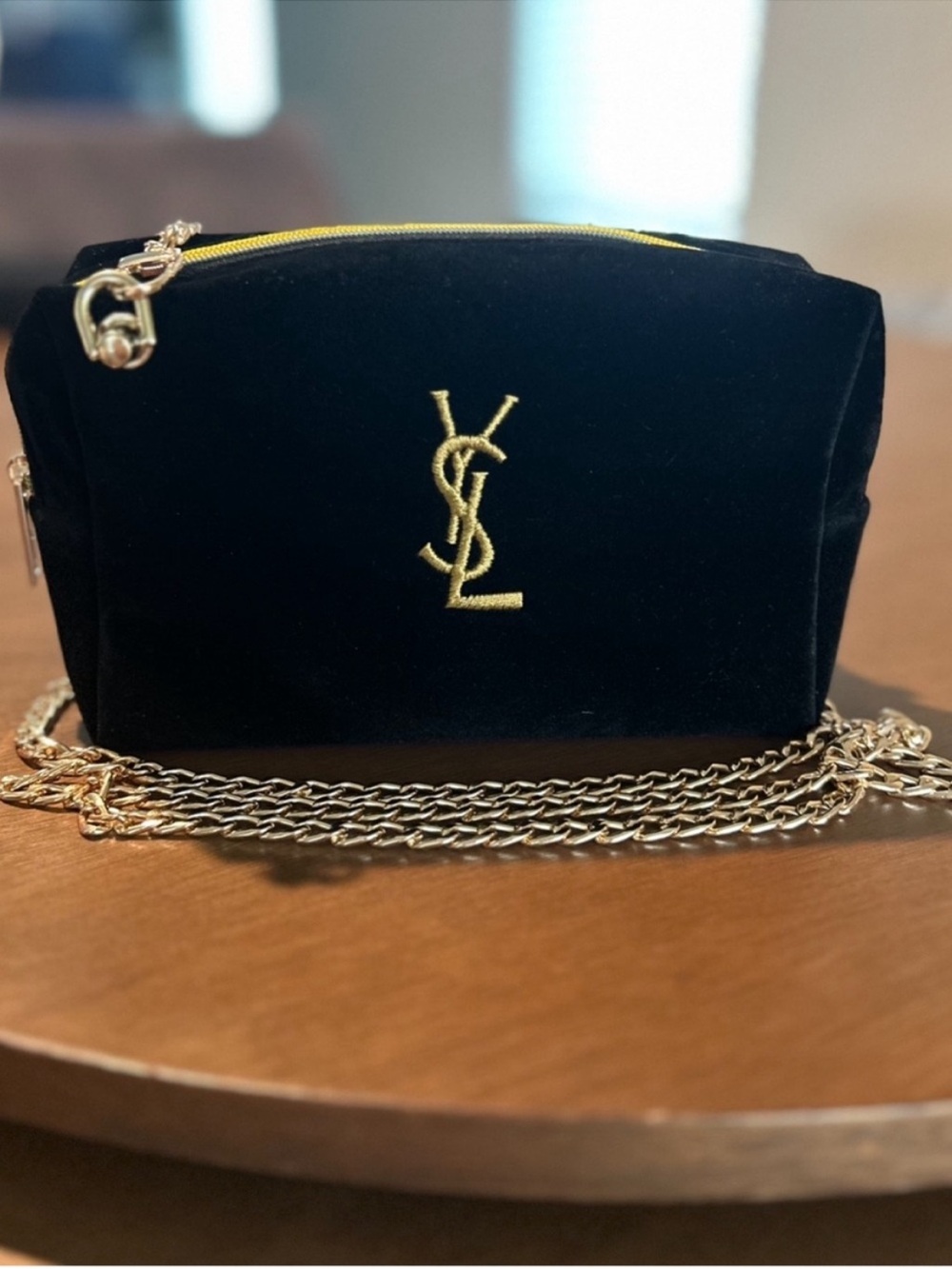 Saint Laurent Black Velvet Cosmetic Crossbody with Gold Chain VIP GWP